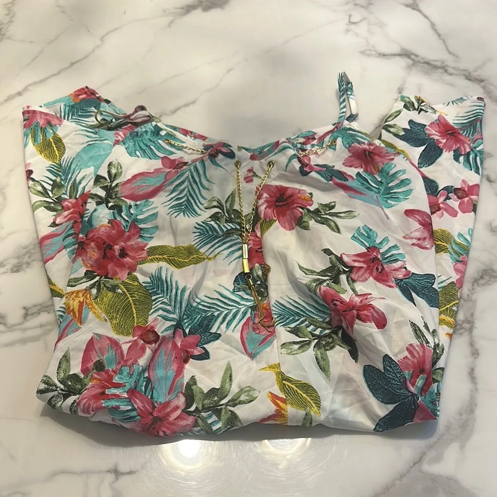 Speed Control High Low Dress with Pink and Green Floral Design - Picture 1 of 5